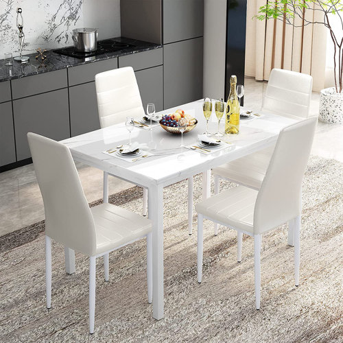 White Modern Style 5 Piece Faux Marble Top Dining Table Set With 4 Faux Leather Upholstered Dining Chairs 
